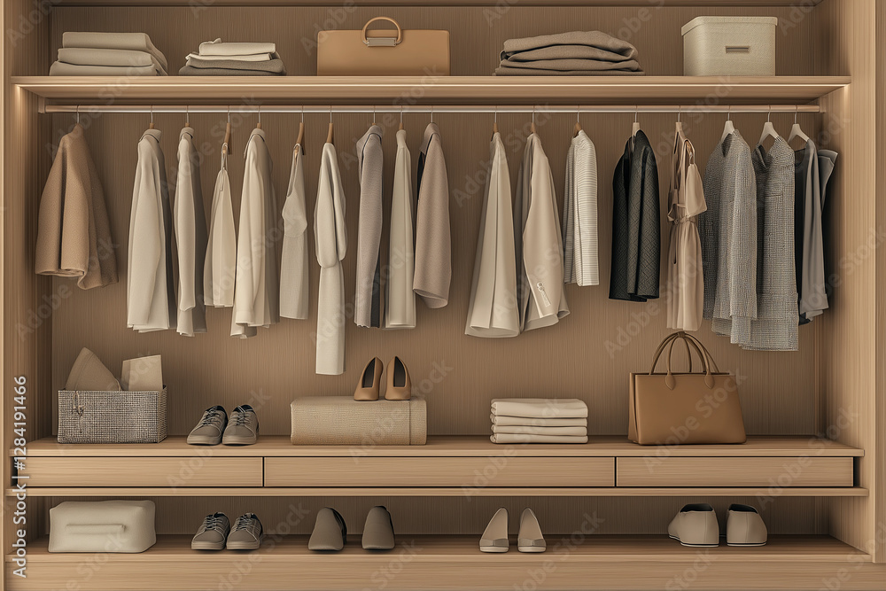 Well-organized modern wooden wardrobe full of various stylish outfits and accessories Well-organized modern wooden wardrobe full of various stylish outfits and accessories