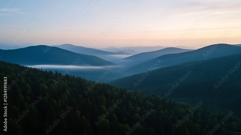 Fototapeta premium Majestic View of Rolling Green Hills and Misty Valleys during the Early Morning Light : Generative AI