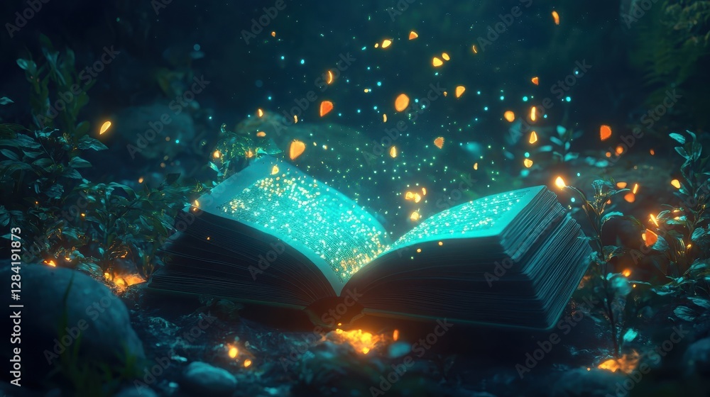Naklejka premium Glowing Book Rests Amidst Enchanting Forest Night
