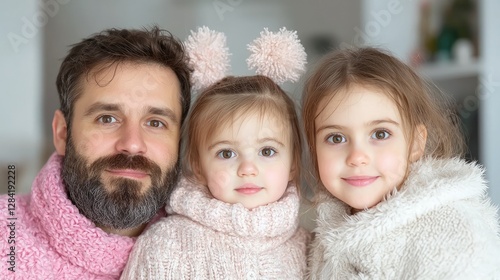 Family portrait, father and two daughters, indoor shot, relaxed pose, possible use for family advertising or website photo