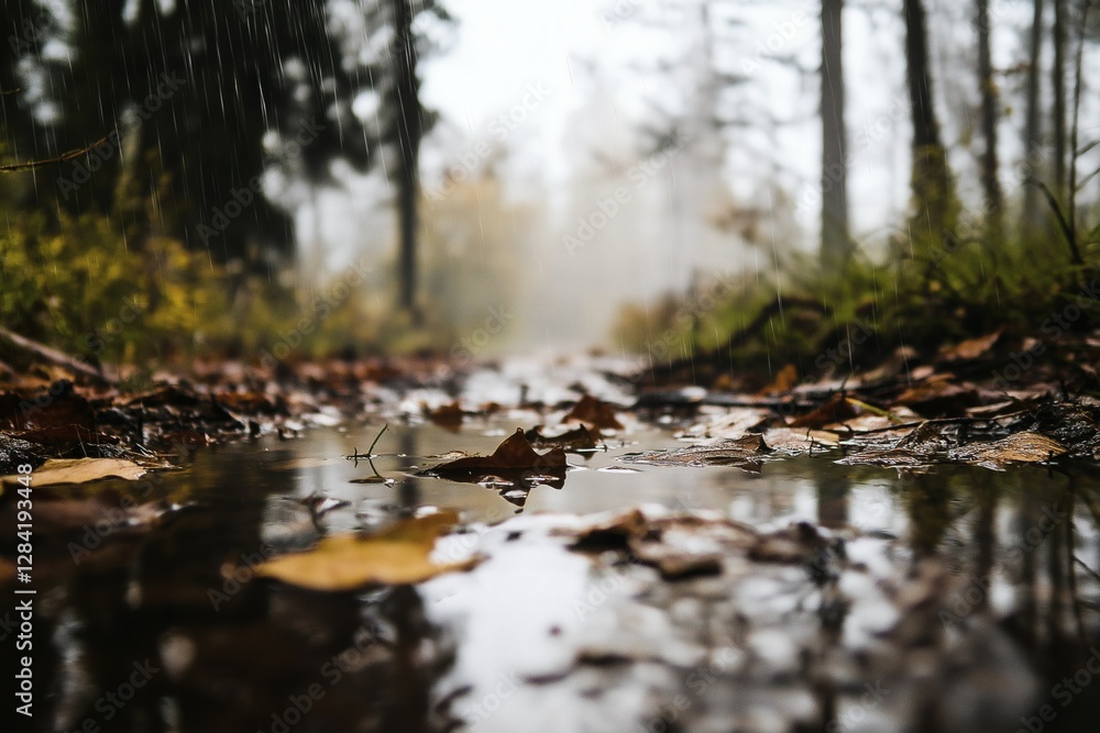 Forest Floor Close-Up on a Rainy Day with Fallen Leaves and Puddles Reflecting the Surrounding Environment Creating a Serene and Melancholic Atmosphere Forest Floor Close-Up on a Rainy Day with Fallen Leaves and Puddles Reflecting the Surrounding Environment Creating a Serene and Melancholic Atmosphere