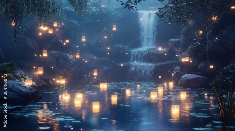 Enchanting Night Waterfall Scene With Floating Lights Enchanting Night Waterfall Scene With Floating Lights