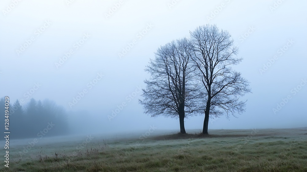 Mysterious Two Trees Standing in Foggy Field at Dawn : Generative AI Mysterious Two Trees Standing in Foggy Field at Dawn : Generative AI