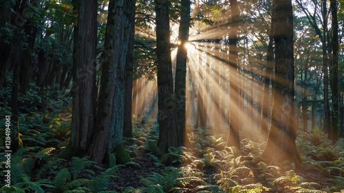 Slow Motion Beautiful Magical Sunrise in the Forest – Sun’s Rays Piercing Through Misty Trees, Ethereal Glow in Lush Rainforest, Serene Morning Atmosphere, Enchanting Light and Shadows, Mystical 