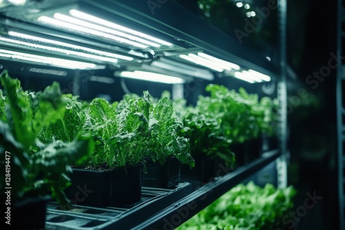 Fresh Green Lettuce Growing Under Artificial Light in Indoor Farm Setting photo