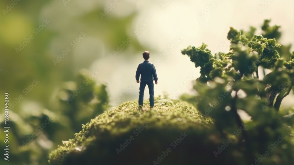 Miniature Person Standing on Mossy Hill Surrounded by Lush Greenery in Foggy Environment Miniature Person Standing on Mossy Hill Surrounded by Lush Greenery in Foggy Environment