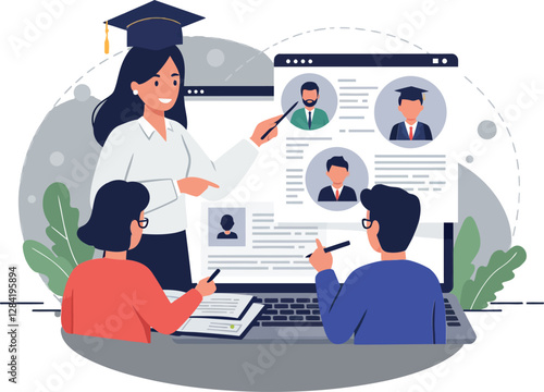 A teacher assisting students in online learning session, showcasing modern technology in flat vector illustration