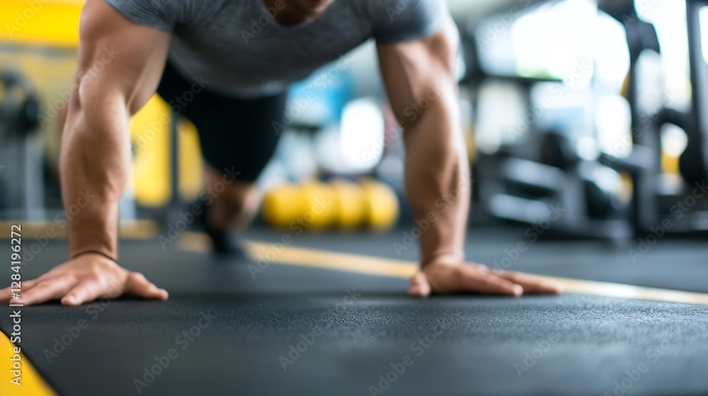Fototapeta premium Dedicated Male Athlete Doing Push Ups in Modern Gym Environment : Generative AI