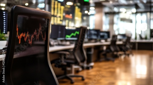 Wallpaper Mural Modern office interior with financial data displayed on screens and a focus on a sleek chair : Generative AI Torontodigital.ca