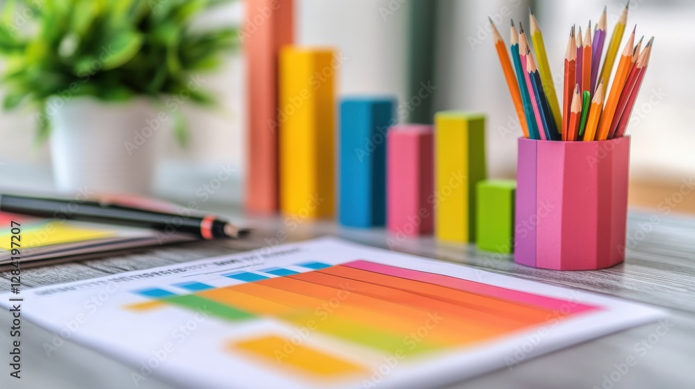 Colorful Graphs and Charts on Desk with Stationery and Decorative Plant Elements Colorful Graphs and Charts on Desk with Stationery and Decorative Plant Elements
