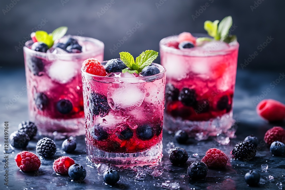 Refreshing Berry Cocktails with Ice and Mint Garnish Refreshing Berry Cocktails with Ice and Mint Garnish