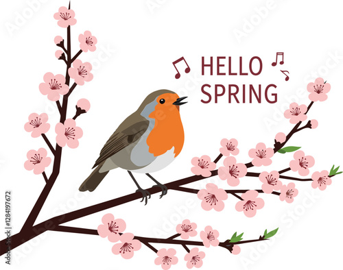 A charming bird perched on a blossoming cherry branch, singing joyfully with spring flowers, flat vector illustration
