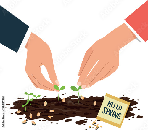 Two hands planting small green sprouts in rich soil with a cheerful Hello Spring sign in a flat vector illustration
