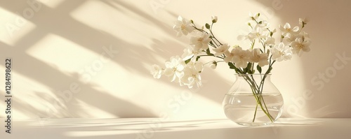 Peaceful white flowers in glass vase with gentle shadows and soft light