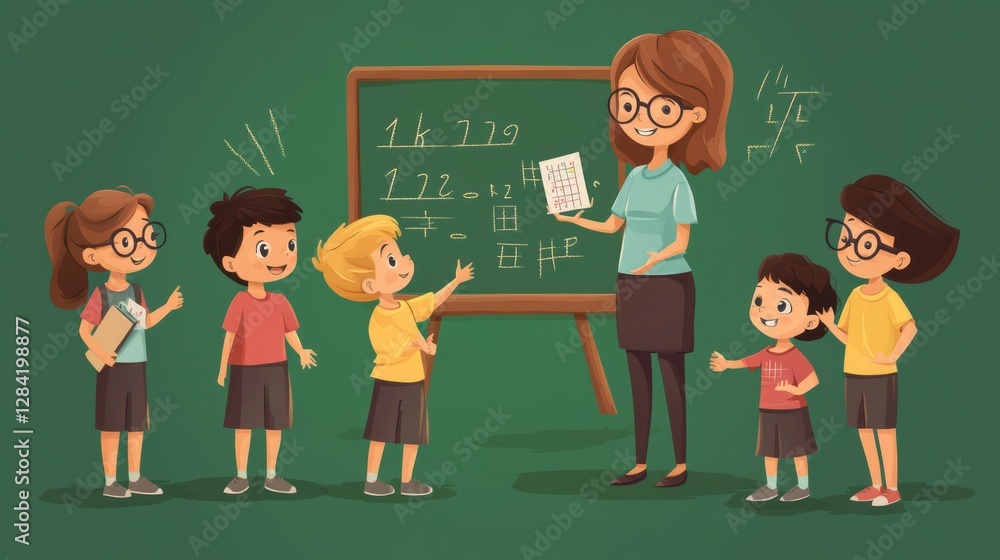 Teacher Explaining Lesson to Elementary Students in Cartoon Classroom with Blackboard Teacher Explaining Lesson to Elementary Students in Cartoon Classroom with Blackboard