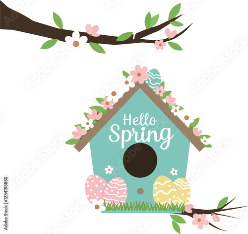 Colorful birdhouse decorated with spring flowers and pastel eggs in a flat design vector illustration
