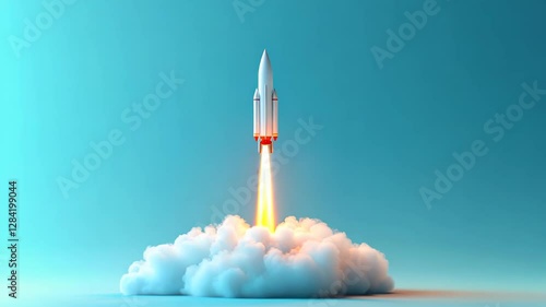 Wallpaper Mural Rocket launching from cloud, emitting bright orange flames, against soft blue background Torontodigital.ca