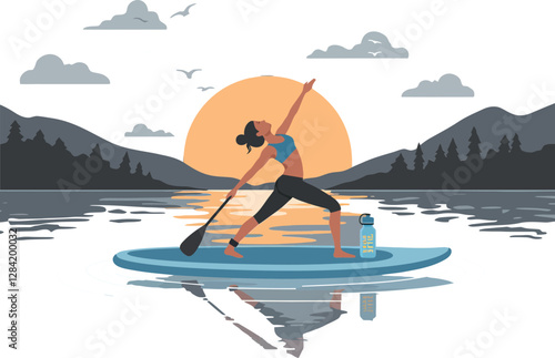 A woman performing yoga on a paddleboard at sunset surrounded by mountains in a serene lake, flat vector illustration