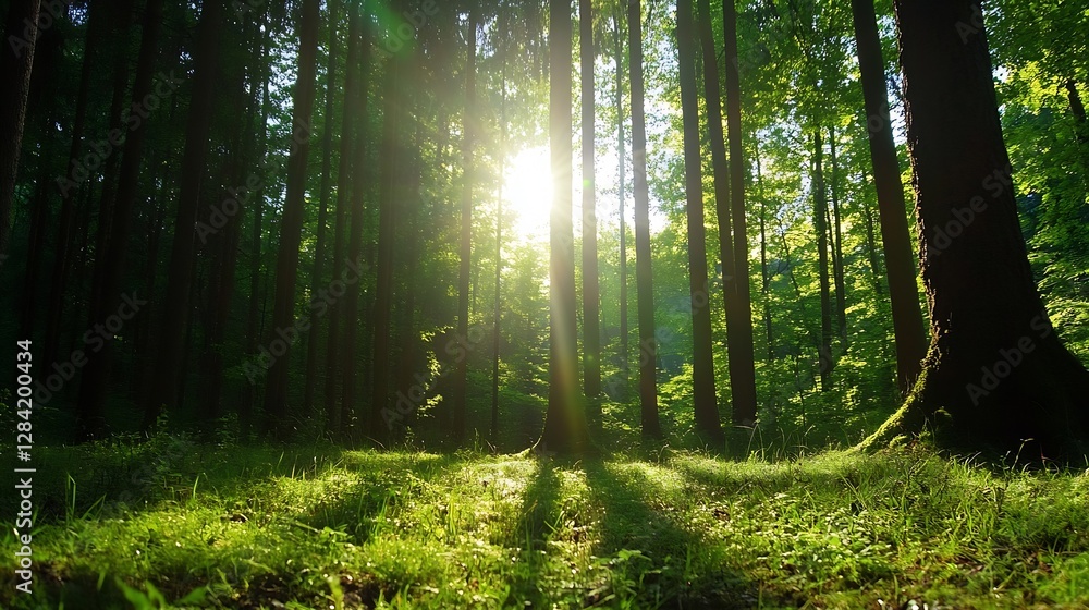 Obraz premium Sunlight Filtering Through Tall Trees in a Lush Green Forest Creating a Peaceful Atmosphere : Generative AI
