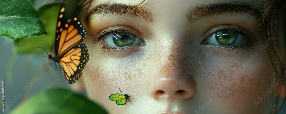 Young female with butterfly and green eyes close-up Young female with butterfly and green eyes close-up