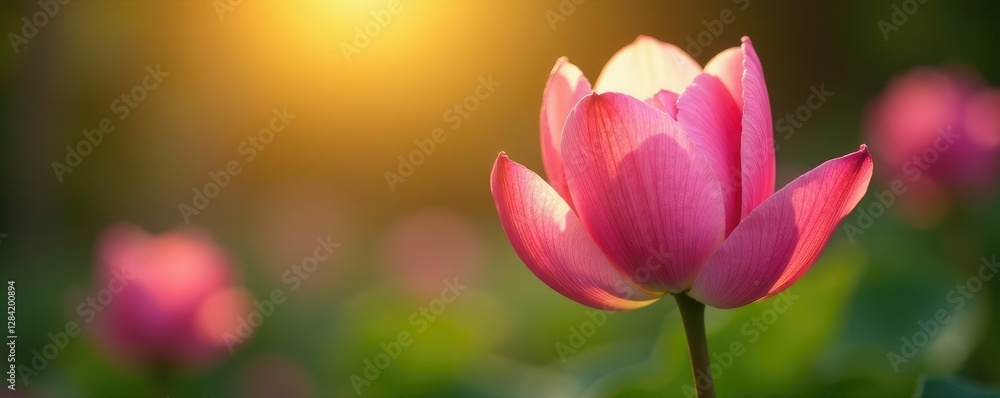 Fototapeta premium Soft pink petals unfolding in warm golden light, morning dew, peaceful scene