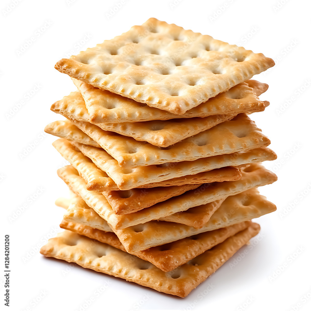 Stacked Pile of Crispy Saltine Crackers Isolated on White Background Stacked Pile of Crispy Saltine Crackers Isolated on White Background