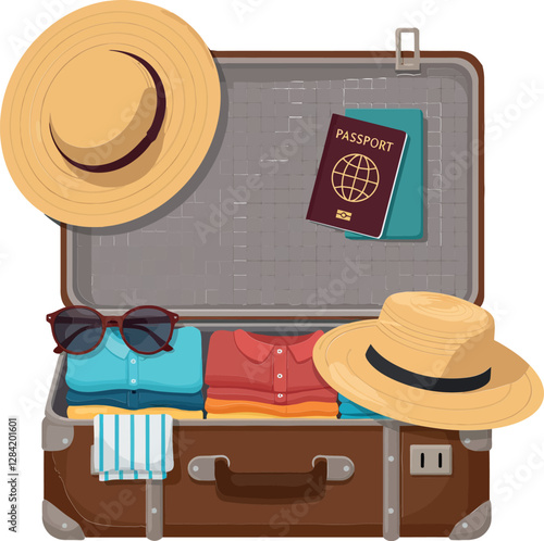 A packed brown suitcase overflowing with colorful clothes and travel essentials in a flat vector illustration
