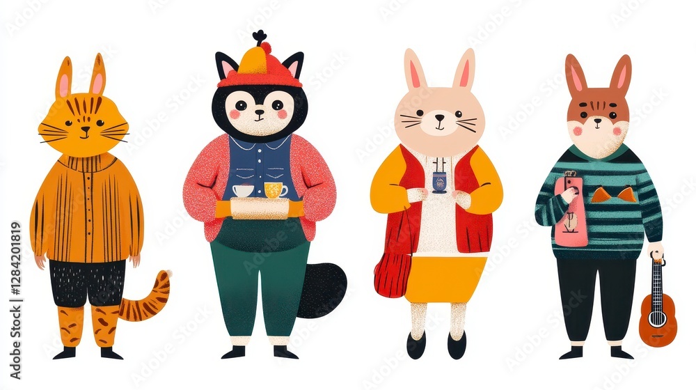 Charming Pixel Art Featuring Four Anthropomorphic Animals in Colorful Attire Charming Pixel Art Featuring Four Anthropomorphic Animals in Colorful Attire