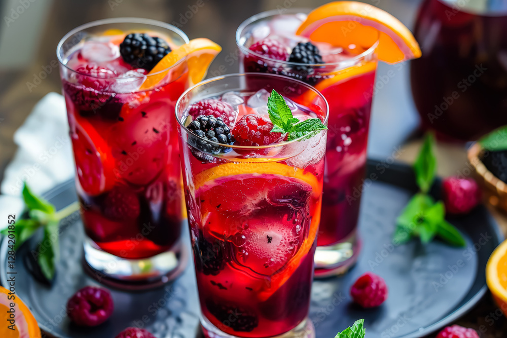 Three glasses of a drink with berries and mint. Three glasses of a drink with berries and mint.