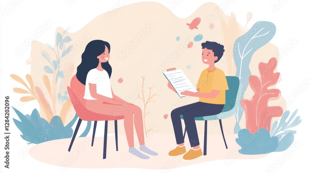 Woman in Consultation with a Therapist in Pastel Colored Office Illustration Woman in Consultation with a Therapist in Pastel Colored Office Illustration
