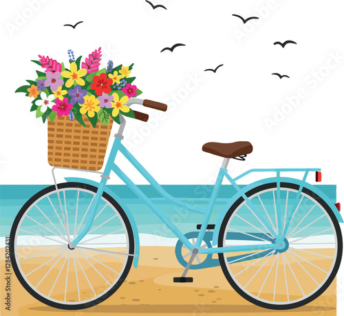 A light blue bicycle with a basket of colorful flowers resting on a sandy beach, illustrated in a flat and cheerful vector art style