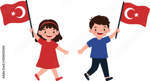 Two joyful children holding Turkish flags while running through a vibrant celebration scene in a flat vector illustration