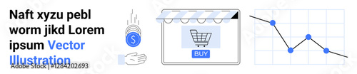 Shopping cart under store awning, hand with coin, sales decline graph in blue tones. Ideal for online business, e-commerce trends, payment systems, sales data, analytics, marketing flat landing page