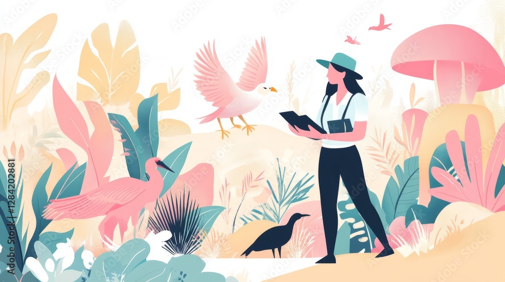 Woman Observing Birds in a Lush Tropical Forest Pastel Pixel Art Illustration Woman Observing Birds in a Lush Tropical Forest Pastel Pixel Art Illustration