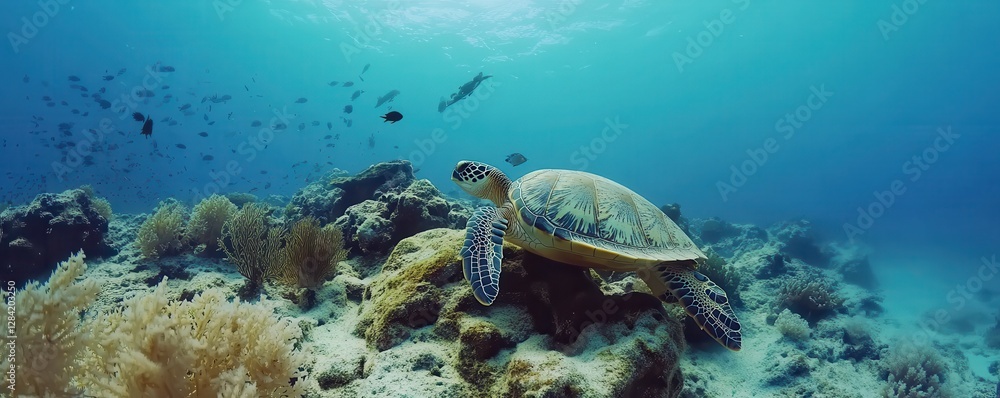 Sea turtle swimming in vibrant coral reef ocean scene with diverse marine life Sea turtle swimming in vibrant coral reef ocean scene with diverse marine life