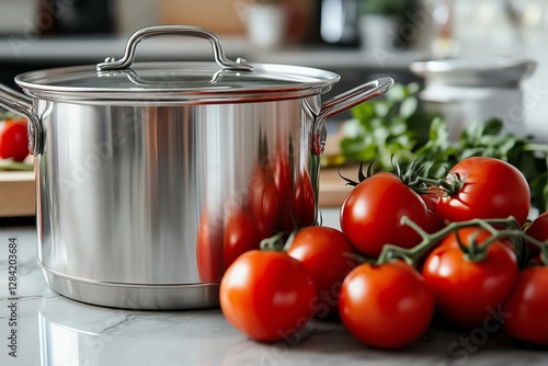 Cooking With Fresh Tomatoes in a Stainless Steel Pot on a Kitchen Counter