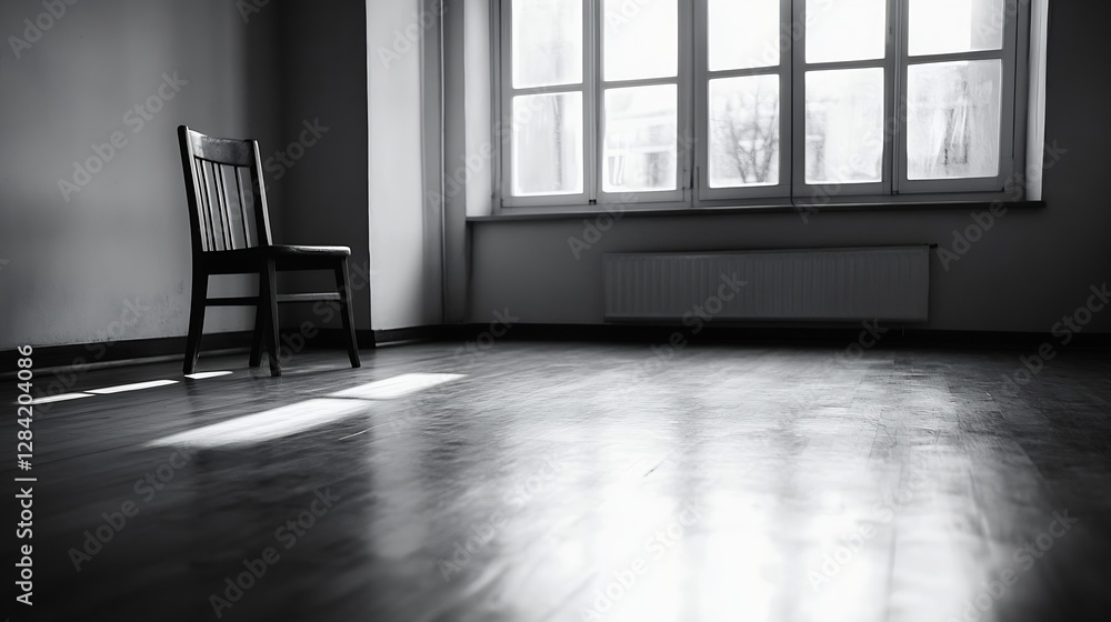 Fototapeta premium A solitary wooden chair bathed in sunlight creates a tranquil atmosphere in an empty room : Generative AI