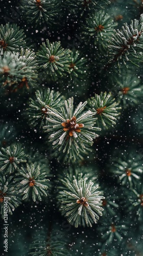 Snow-covered Pine Branches Create a Serene Winter Atmosphere in the Forest