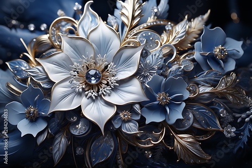 there is a blue and gold flower brooch with crystals