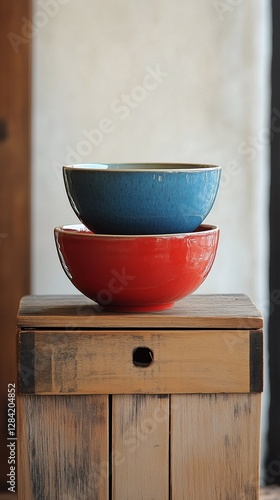 Elegant Red and Blue Ceramic Bowl Displayed on Rustic Wooden Box in Cozy Inte...