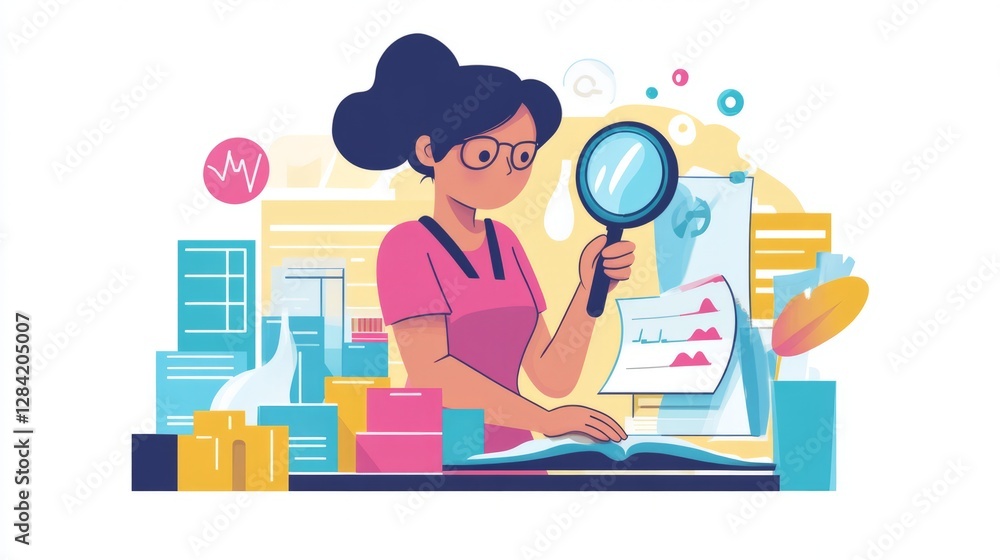 Fototapeta premium Young Woman Scientist Carefully Examining Documents with Magnifying Glass in a Colorful Pixel Art Laboratory Setting