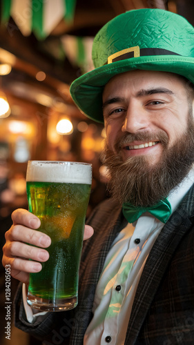 Close-up of a man with a bushy beard and green leprechaun hat, holding a glass of green beer, smiling and celebrating St. Patrick's Day, symbolizing joy and festive spirit photo