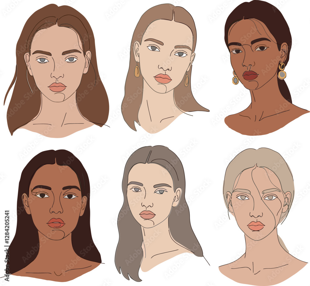 Diverse collection of six unique female portraits in a minimal flat design style showcasing varied skin tones and expressions in vector art Diverse collection of six unique female portraits in a minimal flat design style showcasing varied skin tones and expressions in vector art