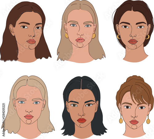 Six diverse womens portraits in a minimalistic flat design showcasing different hairstyles and expressions in vibrant vector art