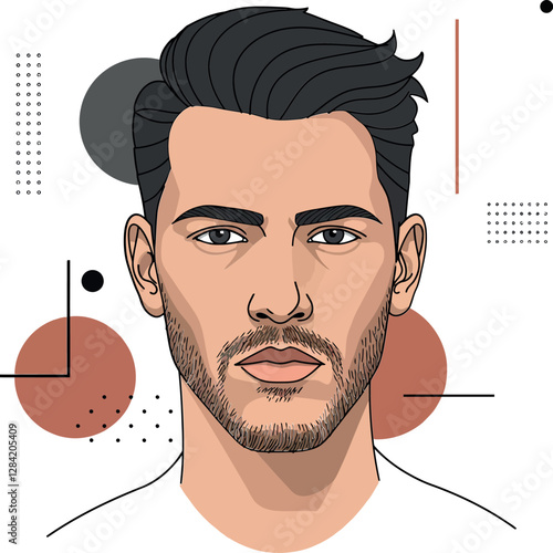 Detailed vector illustration of a young man with stylish hair and facial stubble surrounded by geometric shapes in a modern flat design style