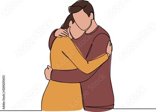 Embracing couple in warm colors showcasing intimacy and connection in a minimal flat vector illustration