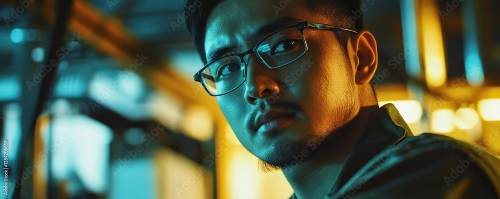 Young man with glasses in ambient lighting of urban setting Young man with glasses in ambient lighting of urban setting