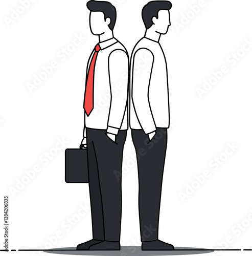 Two professional men standing back to back in a minimalist design with contrasting attire showcasing unity and divergence in vector art