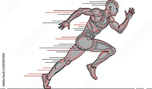 Futuristic humanoid athlete sprinting with dynamic motion lines in a detailed minimal design style showcasing energy and speed in vector illustration