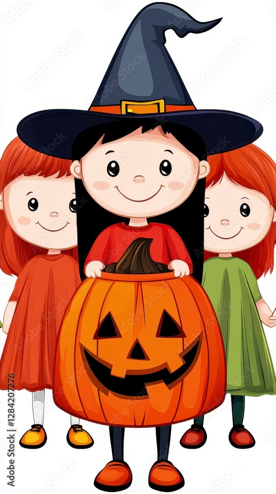 Three Girls in Halloween Costumes with a Jack o' Lantern Pumpkin Three Girls in Halloween Costumes with a Jack o' Lantern Pumpkin